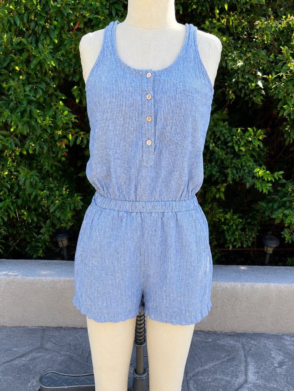 Women’s Small Blue White Pinstripe Cotton Romper Sleeveless Elastic Waist Shorts